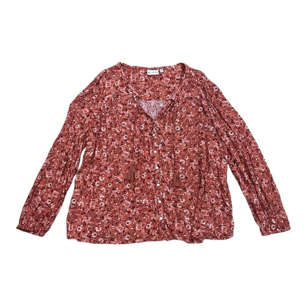 Wonderly Rust Orange Floral Rayon Prairie Tassel Blouse XXL